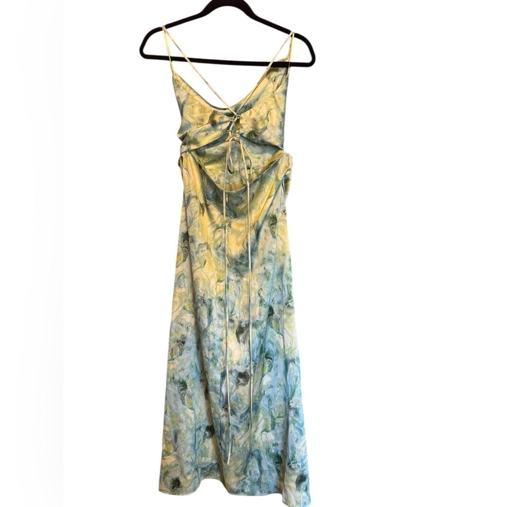 Vici Green Satin Printed Satin Cut Out Maxi Tie Back Midi Formal Dress Large - Picture 2 of 5